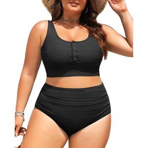 Plus Size 2 Piece Swimsuit Women's 24 PLUS Black High Waisted Bikini Ribbed NEW!